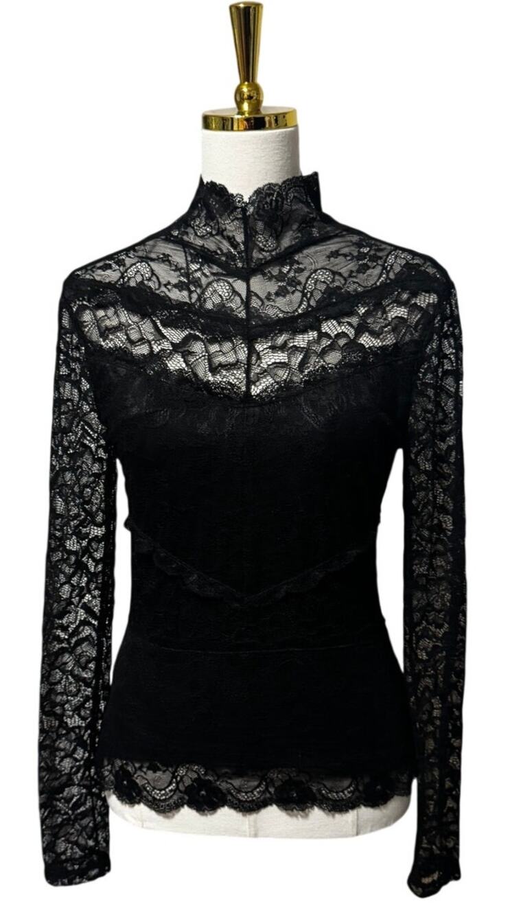 bebe Black Lace Mock Neck Long Sleeve Top, Lined Bodice, Keyhole Back, Size M